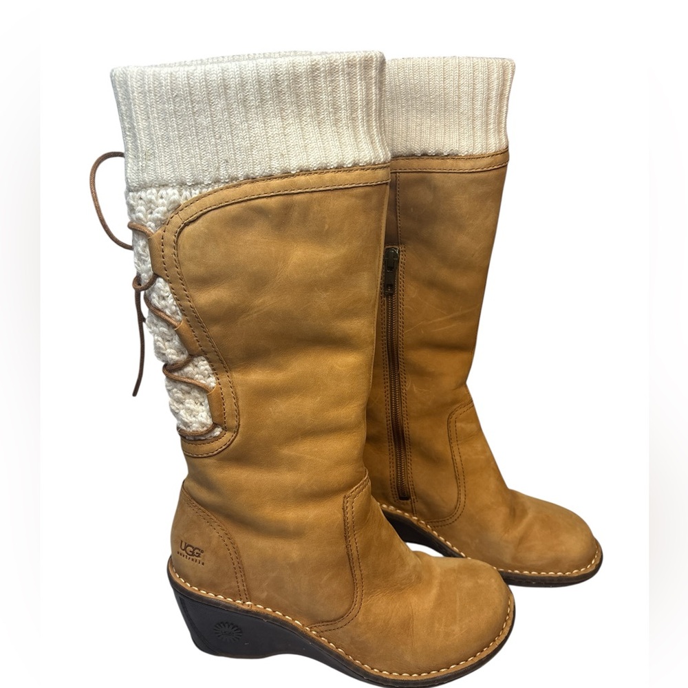 UGG Women’s Wedge Boots Zip Up/Lace Up Knit Sweater/Tan Leather